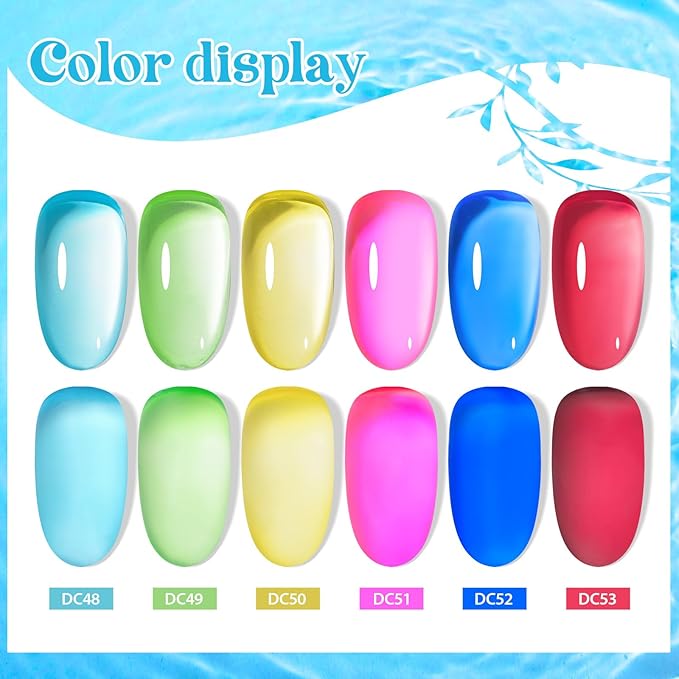 MTSSII 6Pcs Neon Jelly Gel Nail Polish Set Clear Crytal Glass Gel Polish Kit Iridescent Colors Transparent Nail Polish Pink Red Blue Green Yellow Nail Art Manicure DIY Gift