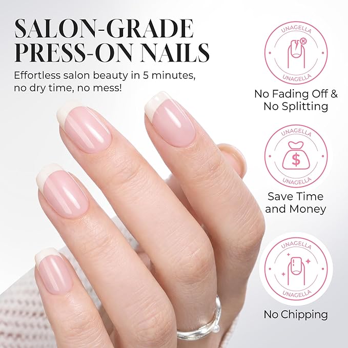 UNA GELLA 32Pcs Soft Gel Press on Nails - 16 Sizes French Tip Short Square Glue on Nails, Reusable Nude Beige False Nails, Full Cover Acrylic Nail Kit for Women DIY Home Manicure