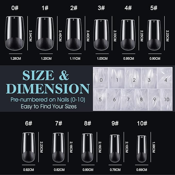 Gelike EC Soft Gel Full Cover Nail Tips Kit for Soak Off Nail Extensions, 552 Pcs Clear Medium Square Gelly Tips Pre-Buff PMMA False Press on Nail Tips, 12 Sizes