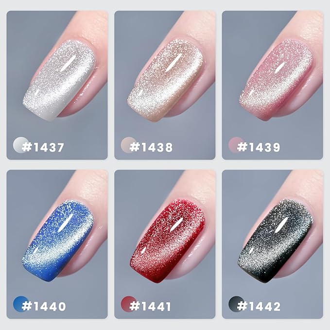 RARJSM Diamond Glitter Cat Eye Gel Polish Set 6 Pcs Sparkle Black Silver Red Blue Brown Nude Color Velvet Ice Jelly Glass Milky Way Cateye Gelpolish with Magnet Stick Curing Requires Home Manicure