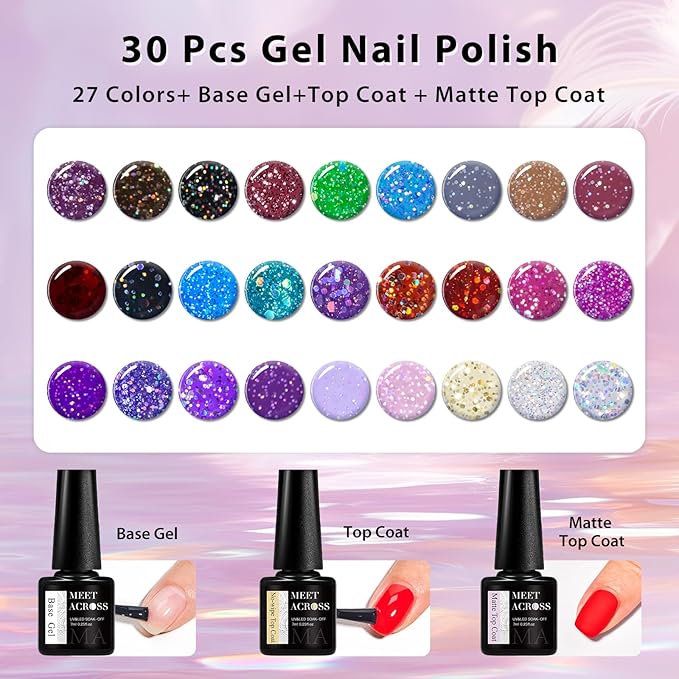 MEET ACROSS 27PCS Gel Nail Polish Set,27 Colors Gel Nail Kit Art Design Soak Off UV LED,Nail Art Design Gifts for Women