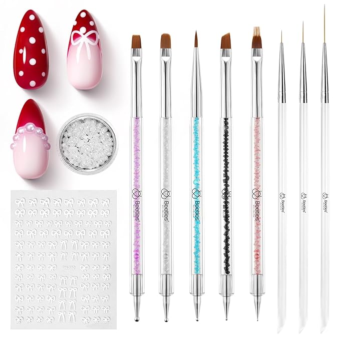 Beetles Nail Art Brushes, 8pcs Double-Ended Nail Art Tool Set, Fingernail Dotting Tools, Striping Manicure Design Brushes for Lines, Fingernail Drawing Pen with Bow knot Stickers Gift for Women