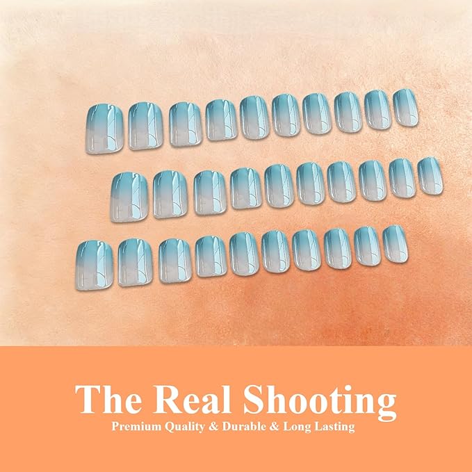 Chrome Ombre Cyan Blue Press on Nails Short Square, Glazed Cute Fake Nails with Sparkle Mirror Design, Shiny Glitter Glue on Nails Short, Gradient Nude Gel Nail Press ons with Glue 30 Pcs