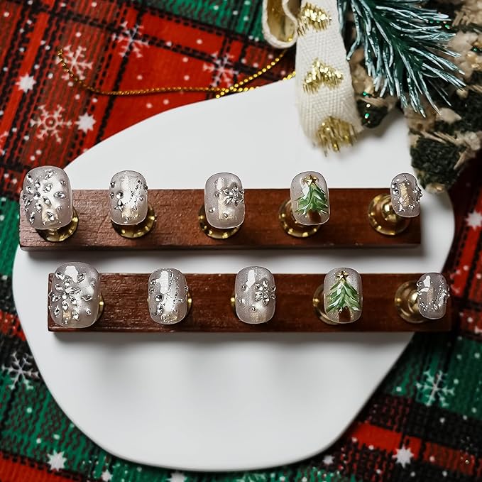Winter Bling Press on Nails Short Coffin Handmade Fake Nails with 3D Snowflake Gems Design, Silver Glitter Artificial Nails Tree Light Design Reusable Stick on Nails (Winter Snow Scene, M)