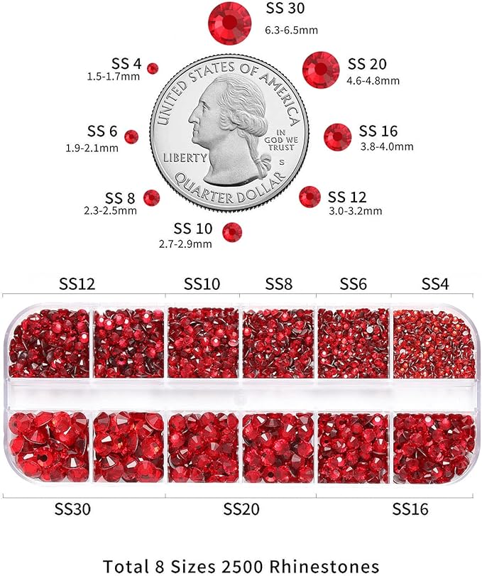 Beadsland Rhinestones for Makeup,8 Sizes 2500pcs Red Flatback Rhinestones Eye Gems for Nails Crafts with Tweezers and Wax Pencil,Siam,SS4-SS30