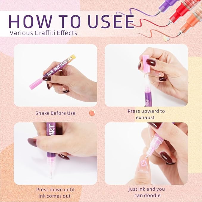 12 Color Nail Art Pen Set, 0.5mm Ultra Fine Nail Polish Pens for Drawing & Painting, Waterproof Quick-Drying Acrylic Nail Liner Dotters, DIY Manicure Design Art Kit with Professional Nail Tools