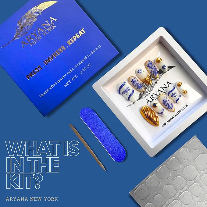 ARYANA NEW YORK Press On Nails - Handmade, Reusable, Luxury Almond Shape, Blue Dragon Chinese Pottery Collection - (Small)