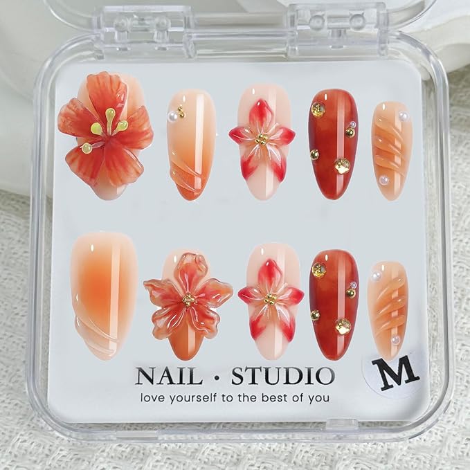 Handmade Press on Nails Medium Almond Glitter Fake Nails 3D Luxury Flower and Rhinestones Embossed Designs Handmade for Girls Manicure Art Decoration Accessories (Size M)