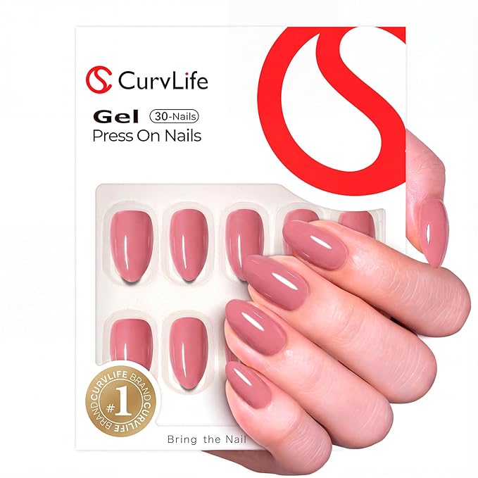 CurvLife Medium Almond Press On Nails, Soft Gel Pre-Built Apex Fake Nails, Nude Pink Structured Design, Reusable Full Cover Press Ons for Women