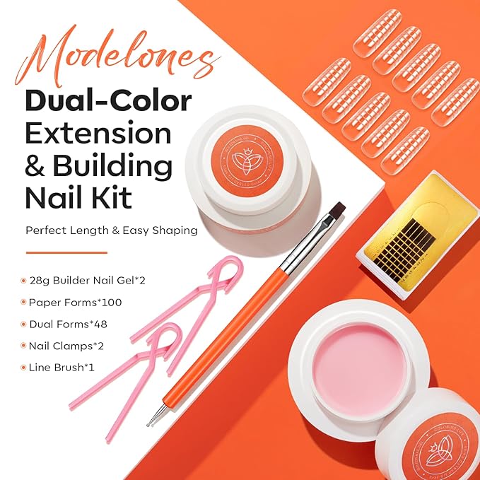 modelones Gel Builder for Nails 2 Colors, 10-in-One Builder Hard Gel Nail Kit Clear Nude with Dual End Brush, Acrylic Clamps, 100PCS Paper Forms for Sculpting Extension Overlays Salon LED Cured