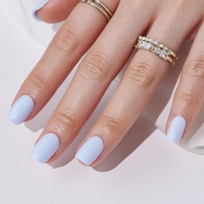 Press On Nails - Findigit Short Square Blue False Stick Glue On Nails, Reusable Stick On Fake Nails with Glue Salon Quality 16 Sizes - 32 Nail Kits, Blue Cream