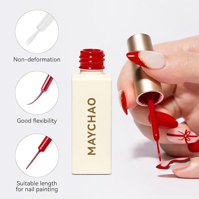MAYCHAO Red Swirl Gel Liner Nail Art Polish, 8ml Classic Blood Red Gel Color Built-in Thin Brush, UV Light Cure for French Nail Tips DIY Manicure at Home Salon