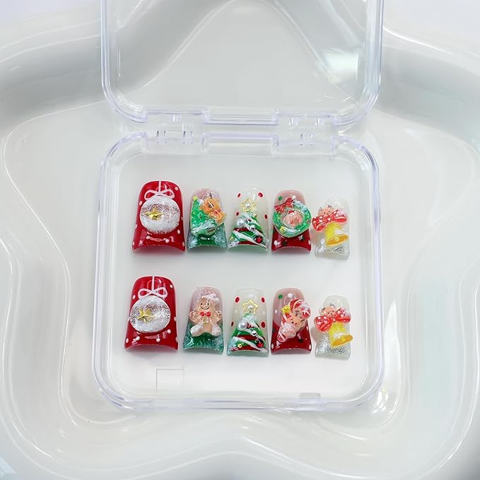 10Pcs Handmade Christmas Press on Nails Short Duck Fake Nails with Glue Winter Christmas False Nails Cute Design Xmas Multi-Layer Acrylic Nails Press ons Reusable Handmade Glue on Nail for Women (S)