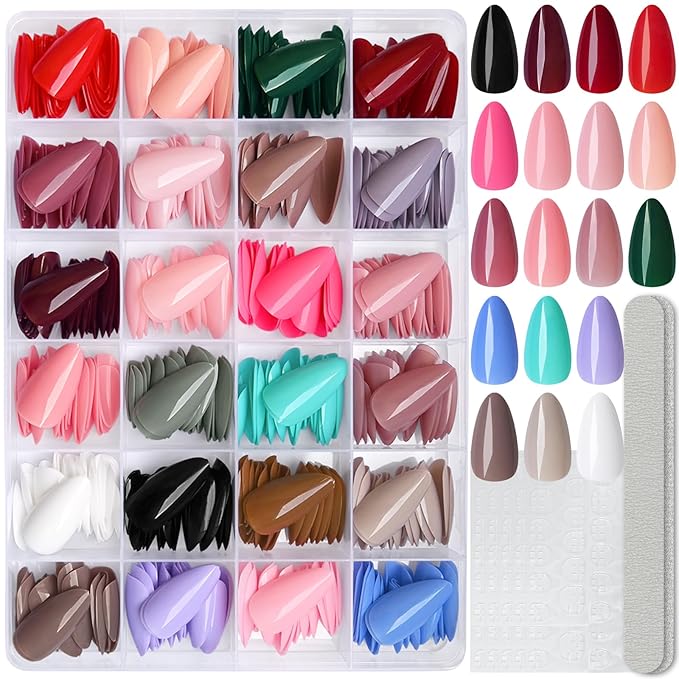 LoveOurHome 576pc Medium Press on Nails Almond Fake Nails Full Cover Acrylic Nails Press ons Nail Short Stiletto Glue on Nail Artificial Fingernail Almond Nail Tips 24 Colors for Women Girls Kids