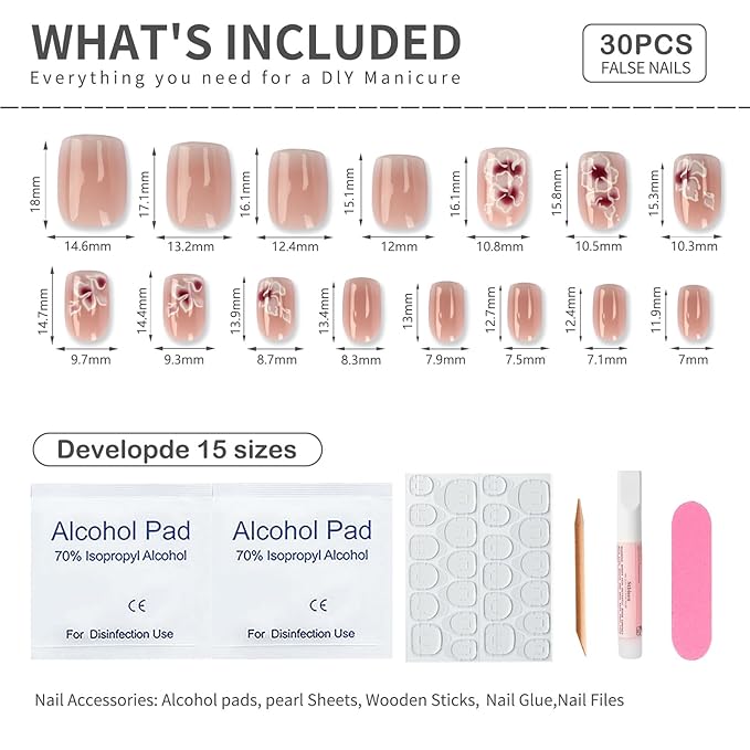 French Press On Nails Short Square White Nude Gradient False Nails Delicately Adorned with White Silver Flowers Reusable Glue On Nails for Women Kit 24Pcs
