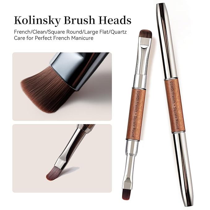 Dual Head Acrylic Nail Brush-French Tip & Square Round with Cleaning Brush for Builder Gel,Polygel & Design-Wood Handle & Metal Caps