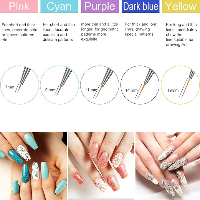 Mudder 10 Pieces Nail Art Brushes Set Fine Nail Liner Brushes for Gel Carving Painting Cleaning Drawing Design Acrylic French Tip Tool 3D, Colorful