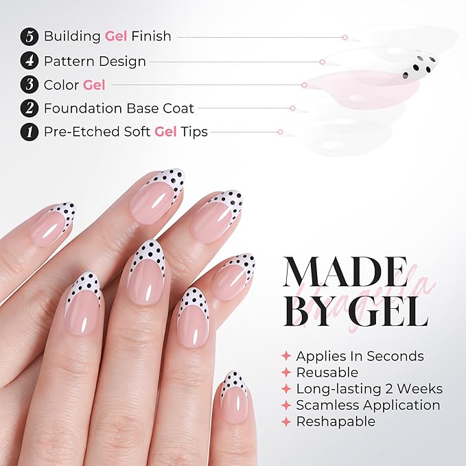 UNA GELLA 32Pcs Soft Gel Press on Nails - 16 Sizes Polka Dot French Tip Almond Glue on Nails, Reusable Nude False Nails with Black Dots, Full Cover Acrylic Nail Kit for Women DIY Home Manicure