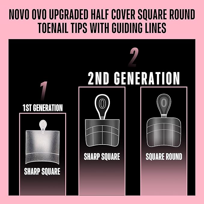 NOVO OVO Upgraded Flexible Half Cover Soft Gel Fake Toe Nail Tips with Auxiliary Line for Toenail Extension, Square Round Medium Wide for Men Women Acrylic French Pedicure Salon DIY x 15 Sizes 240 Pcs
