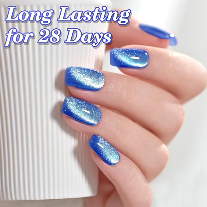 EBANKU Blue Cat Eye Gel Polish, 15ML 0.5 OZ Holographic Glitter Shimmer Translucent Jelly Color Magnetic Polish with Magnet Holiday Salon DIY at Home
