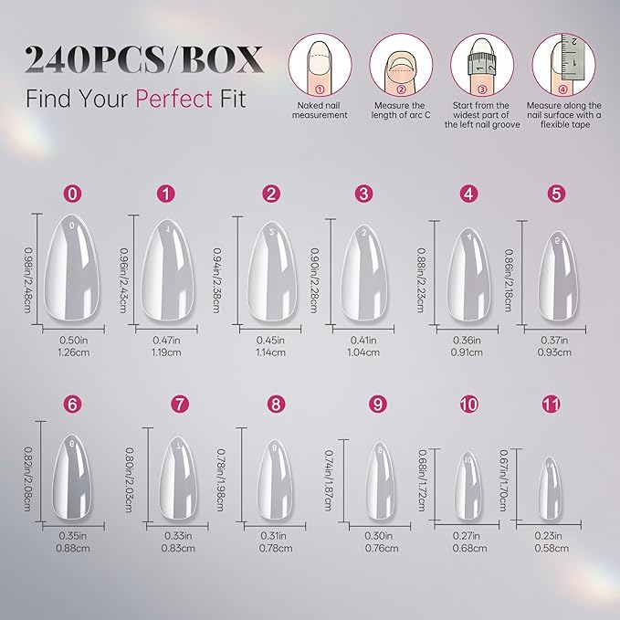 krofaue Short Almond Nails Tips 240Pcs 12 Sizes- Soft Gel Clear No Crease Pre-shape Oval Artificial Acrylic False Full Cover Press on Nails for Extension Home DIY Art