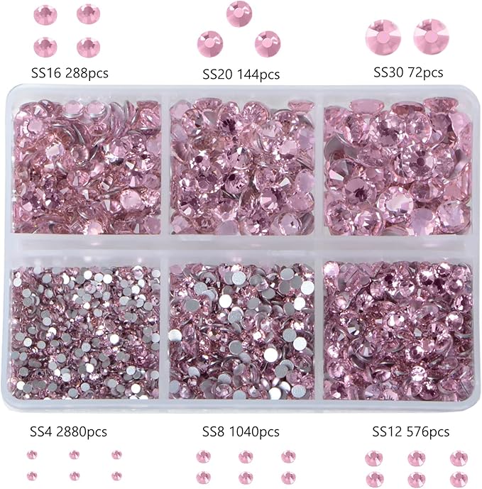 Bymitel 5000 Pieces 6 Mixed Sizes Glue Fix on Glass Rhinestones Round Crystal Gems Flatback for DIY Jewelry Making with one Picking Pen(6-Sizes 5000PCS, Lt. Rose)