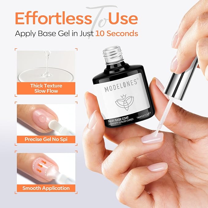 modelones Gel Nail Polish Top Base Coat Set, 15 ML Upgrade Silky Base and Extra Glossy Top Coat Clear No Wipe High Shine Gel Polish Soak Off U V LED Nail Art Home DIY Manicure Gift for Women Beginner