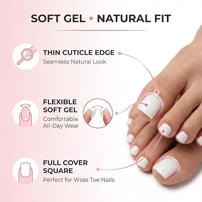 PURE MILKY WHITE Toe Nail Press Ons, 150PCS Square Full Cover Soft Gel Toe Tips, 15 Sizes Pre-Shaped Press On Toenails for Wide Toenail Beds, DIY French Pedicure & Salon