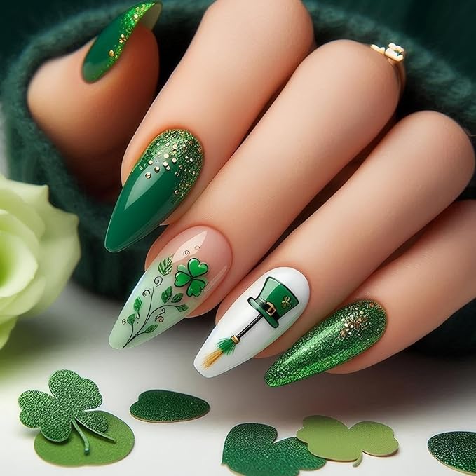 St. Patrick's Day Press on Nails Medium Almond Fake Nail with Green Glitter Designs False Nails Press Ons Stick on Nails Gift for Women 25pcs