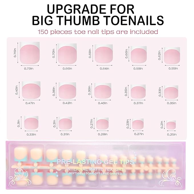 Press on Toenails Short, OPkssnails 150pcs Brighter French Tip Press On Toenails for Women, Pre-Designed Soft Gel Toe Nail Press Ons, Soak Off Acrylic Fake Toenail Extensions in 15 Sizes