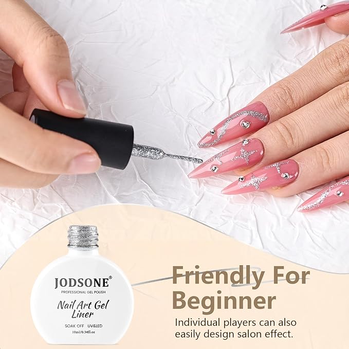 JODSONE Glitter Silver Swirl Nail Art Liner Gel Polish,10ml Classic Color 3D Nail Art Pens Effect Nail Print Design with Thin Brush for French Tips Manicure Painting DIY at Home - LX02