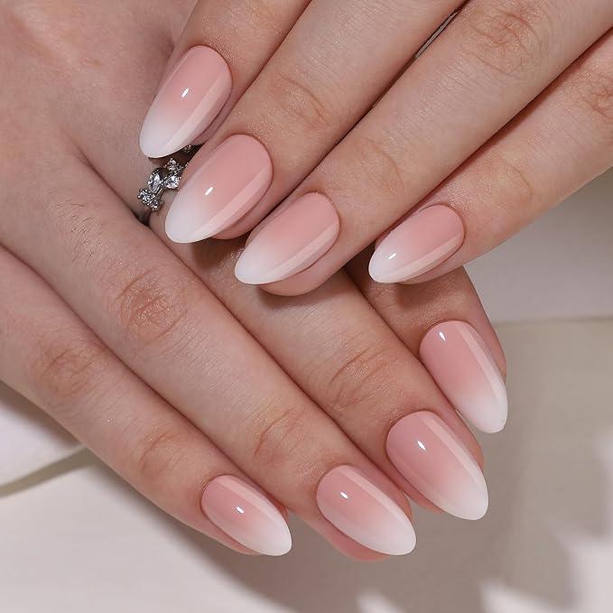Gel Press On Nails - Short White Ombre, Almond Shape, Artificial Nails - 16 Sizes, 32pc Reusable Kit