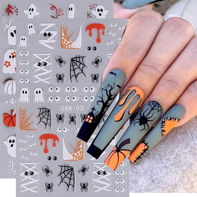 Halloween Nail Art Stickers Decals Ghost Pumpkin Spider Nails Sticker 5D Embossed Skull Hand Nails Decals Self-Adhesive Spider Web Eye Nail Art Decal for Women Halloween Decor