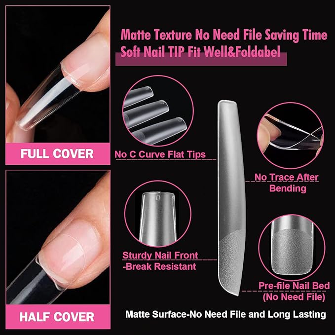 UNA GELLA Full Square Gel Fake Nails Pre-file 120pcs Press On Nails XXL No C Curve Extra Long Nail Tips Clear Long Flat Nail Tips Tapered Square Soft Gel Tips