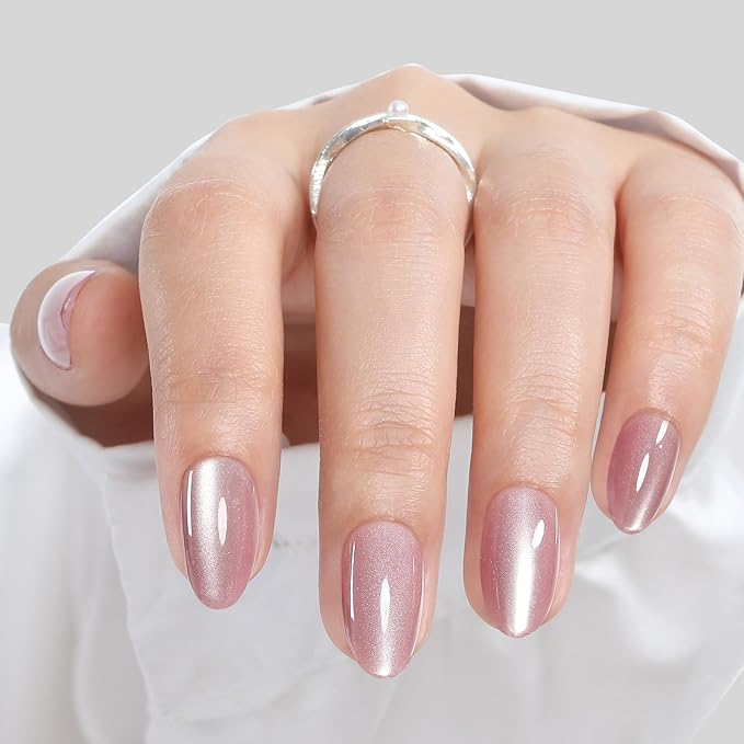 UNA GELLA Cat Eye Press On Nails: Almond Soft Gel Press Ons Short Kit with Nail Tips Glue on Nails, 16 Sizes - 32 Reusable Chrome Fake Nails Kit, Pink Rose