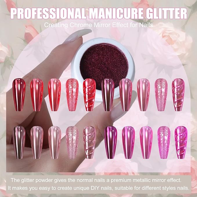 4 Boxes Red Chrome Nail Powder Mirror Effect Metalic Powder Pigments for Nails, Deepred, Pink，Rose Red Mirror Metallic Powder for Nails