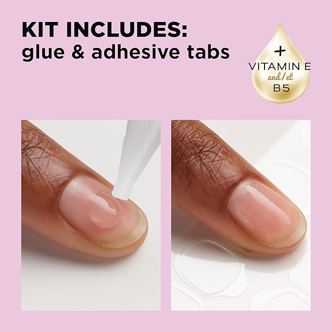 Sally Hansen Salon Effects Perfect Press-On Short'Ease Nails | Square Shape | Easy to Apply, Non-Damaging, Natural Look Vitamin E & B5 | 30 Nails, Nail Glue, Adhesive Tabs, File| Petite Pearlflection