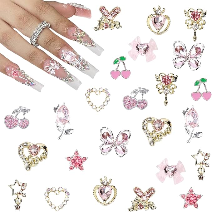3D Nail Charms,24Pcs Love Heart Star Cherry Butterfly Bow Flower Nail Rhinestone Charms,Metal Alloy Nail Art Decorations for Manicure Design Accessories DIY Crafts (Gold Pink 24pcs)