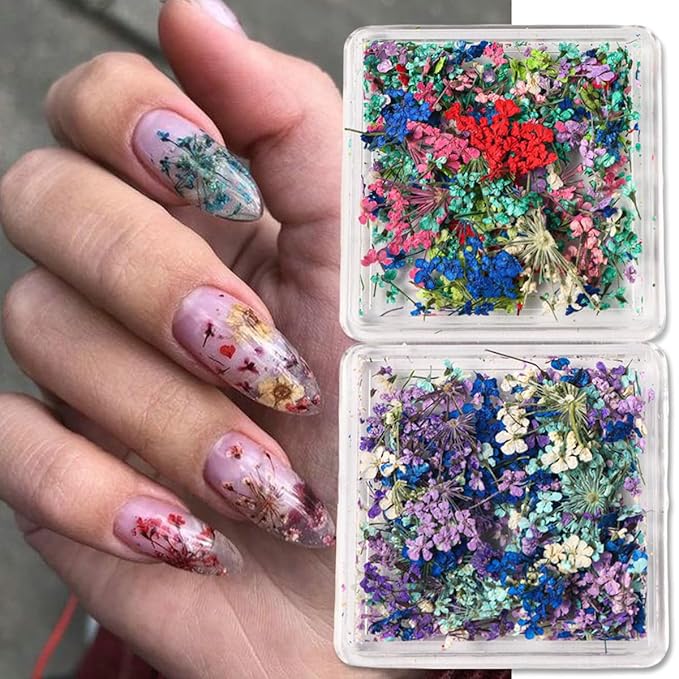 4Box 3D Dried Flowers Nail Art Stickers Colorful Dry Flower for Nails Kit - DIY Mini Mix Flower Petals Nail Stickers Natural Floral Dried Flower Decals for Nails Design Manicure Accessories Craft