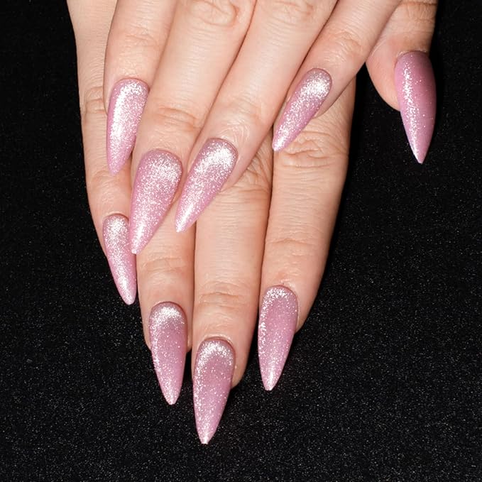 Press On Nails - Pink Glitter| Bright Pink Glitter Velvet Nails, Medium Almond Shaped Press On Nails with Cat Eye Design for Women and Girls, 24 Pcs Reusable Fake Nails