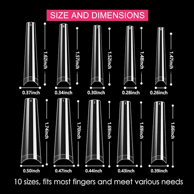 500Pcs XXL No C Curve Coffin Tips for Acrylic Nails Professional Set, Clear Half Cover Long Fake Nails, Ballerina Shaped French Tips for Salon and DIY Art 10 Sizes