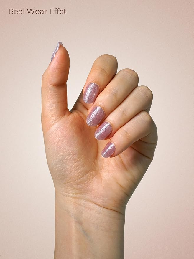 Real Gel Nail Strips (No UV Light Needed) - 44Pcs Salon Quality Nail Stickers - Long Lasting Polish Wraps for Women, Easy Apply & Remove (Line Glitter Pink)