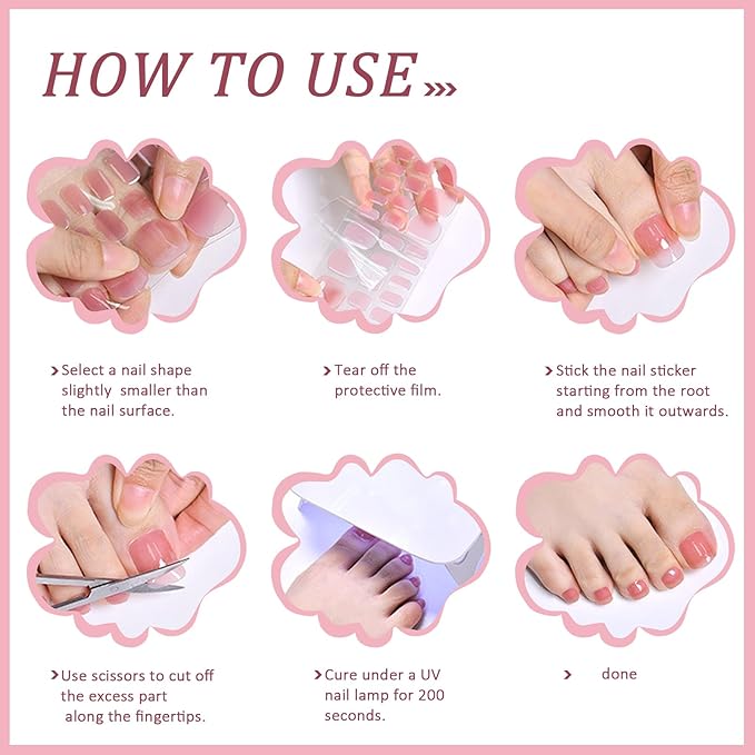 WOKOTO Semi Cured Gel Nail Strips For Toenails, 16 Size 32 Tips Pink & Iridescent Glitter design Toe Nail Polish Strips With Nail File & Wooden Stick, Works With Lamps, Salon-Quality, Long Lasting