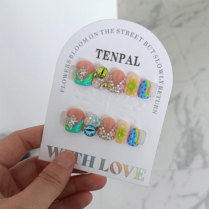 V-Shape French Tips Square Nails,Acrylic Press on Nails with 10pcs Kit,Sweet Edgy Y2K Hand-Painted Art False Nails,Neon Yellow-Green Fake Nails with 3D Stars, Hearts, Rhinestones Flowers(L)