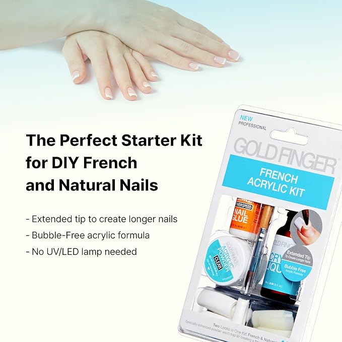GOLDFINGER Professional French Acrylic Kit, Full Nail Extension System with Acrylic Clear Powder and Liquid, Essential Tools, Nail Glue Included, 40 Tips for French & Natural Styles