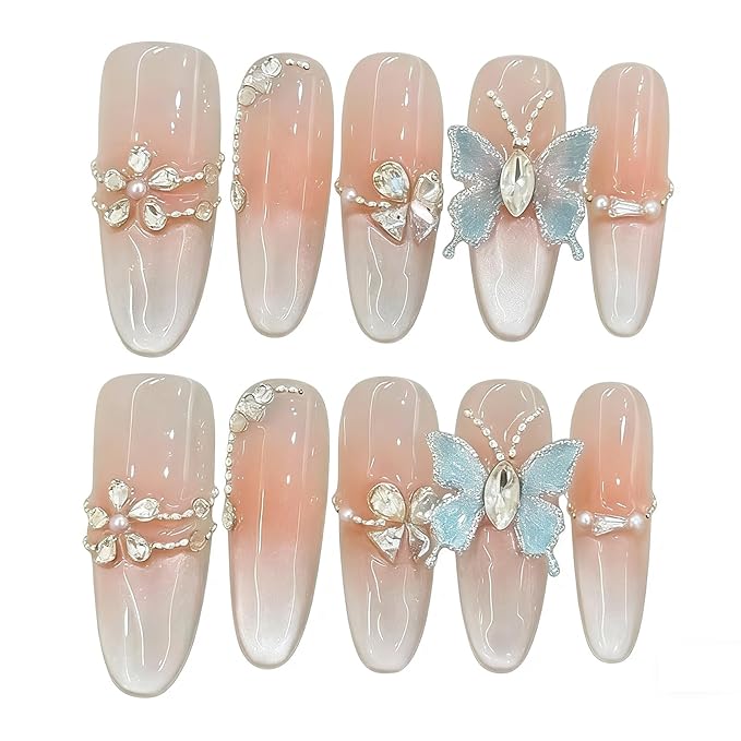 Handmade Press on Nails Stiletto Elegant Almond Shaped Nails in Pink and White Embellished with Rhinestone Butterflies Handmade Stiletto Press on Nails 3D Luxury Press on Nails（L）