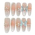 Handmade Press on Nails Stiletto Elegant Almond Shaped Nails in Pink and White Embellished with Rhinestone Butterflies Handmade Stiletto Press on Nails 3D Luxury Press on Nails（L）