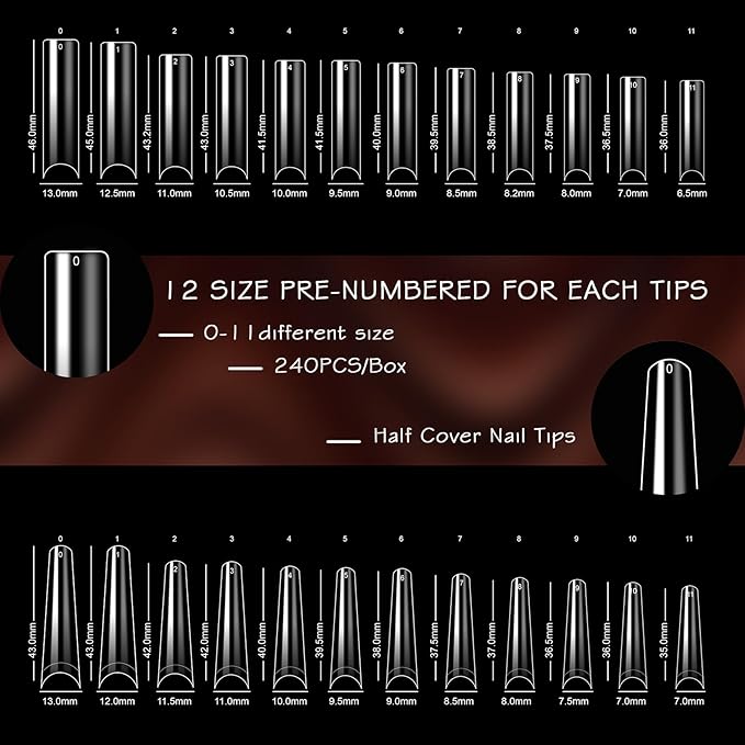ELLEWIN 480PCS No C Curve Clear Nail Tips, 2XL Long Half Cover Straight and Coffin Nails for Acrylic Nails Kit, 12 Sizes Soft Square Gel Fake Nails Extension for Salons and Home DIY Gifts