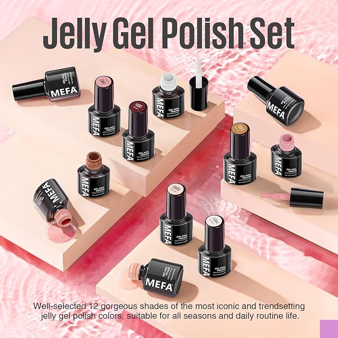 MEFA Jelly Gel Nail Polish Set, 12 Colors Jelly Red Glitter Gel Polish Set Nude Pink Milky White Nail Polish Gel Neutral Transparent Sheer Red Gel Nail Gifts for Women Girl DIY Salon Home Manicure