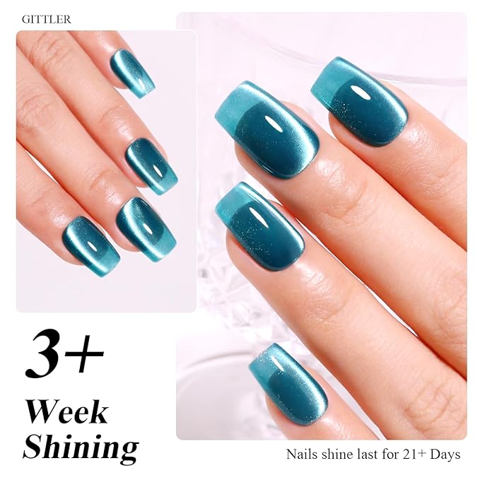 Imtiti Cat Eye Gel Nail Polish, 15ml Blue Green Crystal Glitter Cat Eye Gel Polish With Magnet Magnetic Holographic Galaxy Sparkly Soak Off UV Led Manicure
